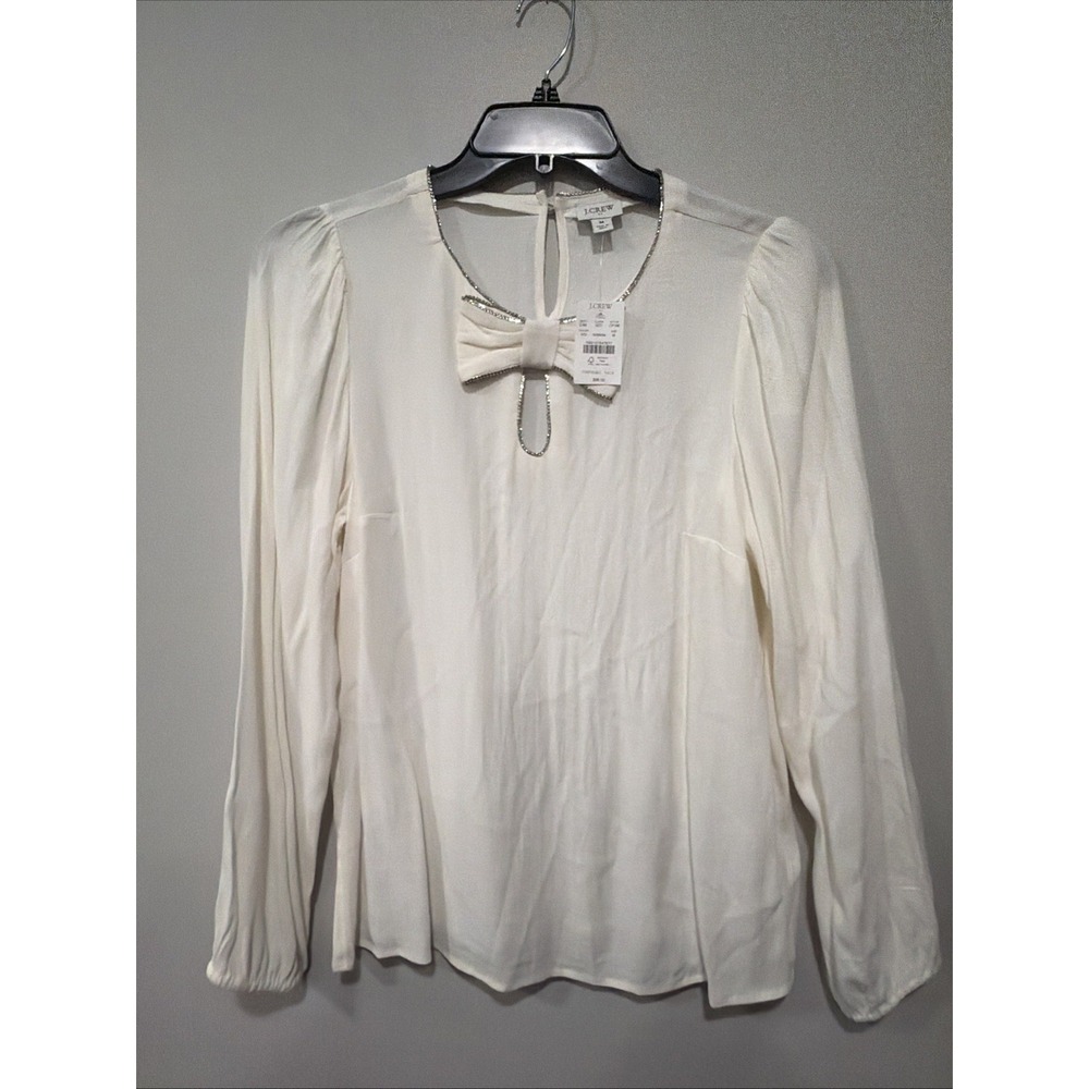 J. Crew NWT Woman M Ivory Jeweled Bow Rhinestone Trim Elastic Long Sleeve Blouse